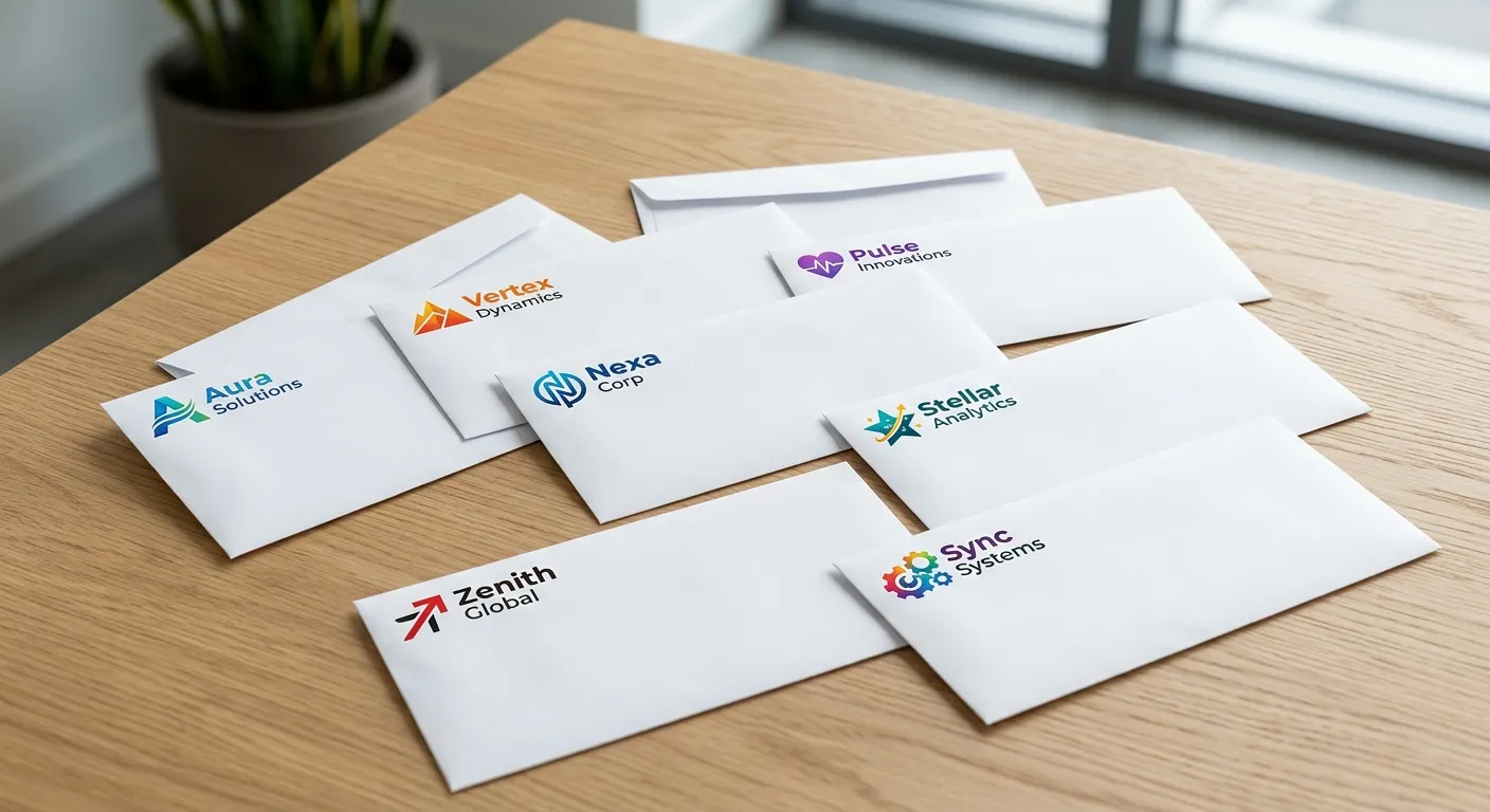 Stack of branded custom-printed envelopes