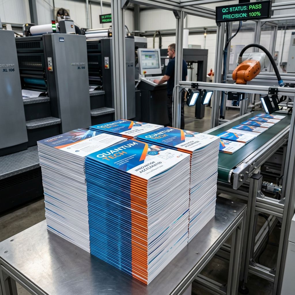 Bundle of finished books piled neatly at the end of a bindery line