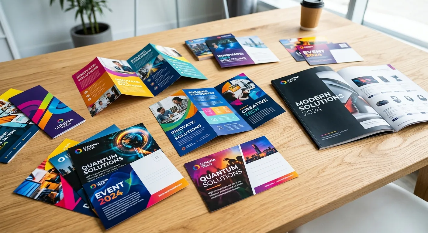 Stack of branded marketing brochures and postcards