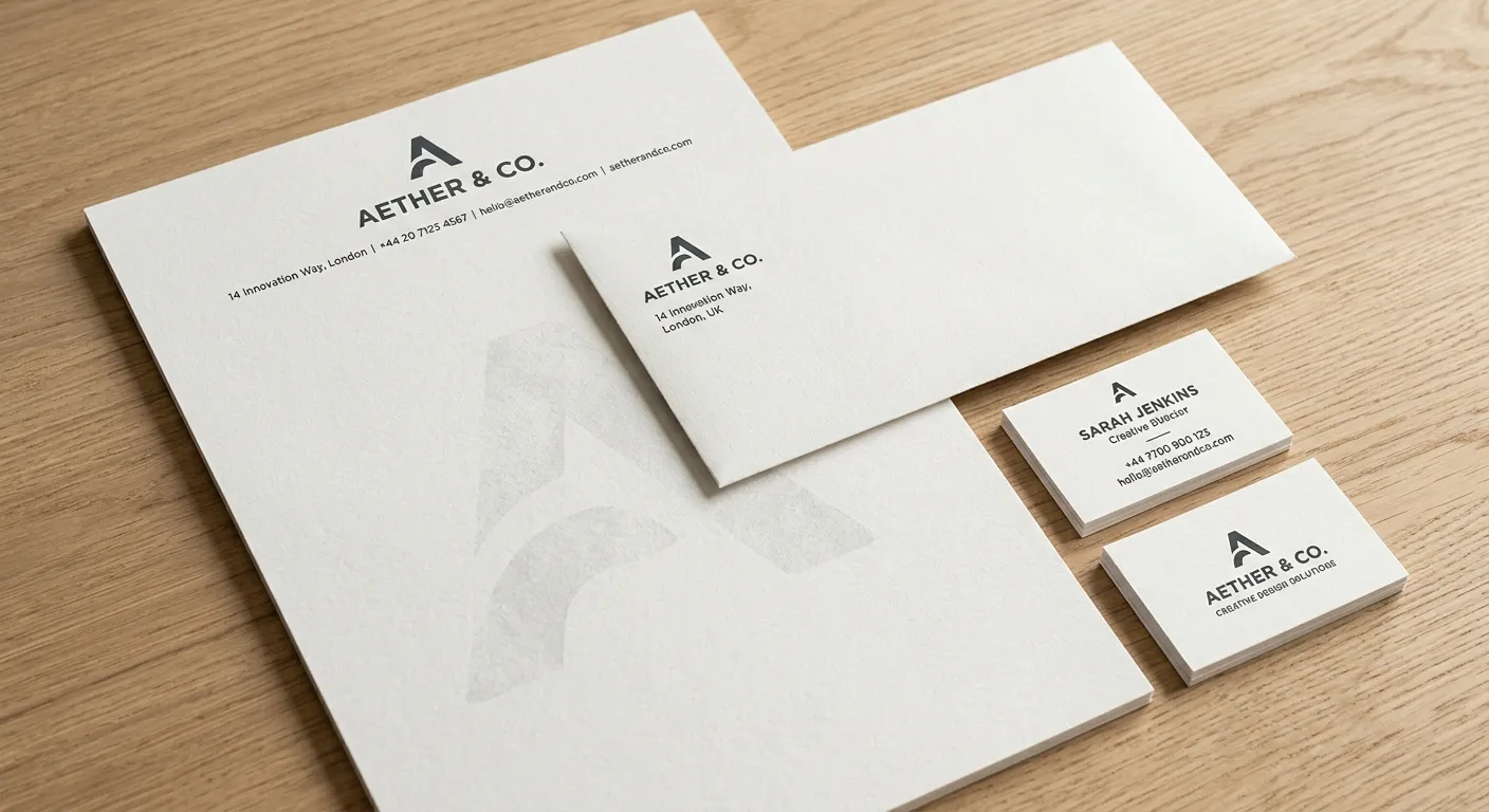 Premium corporate stationery set — letterhead, business cards, and a custom envelope